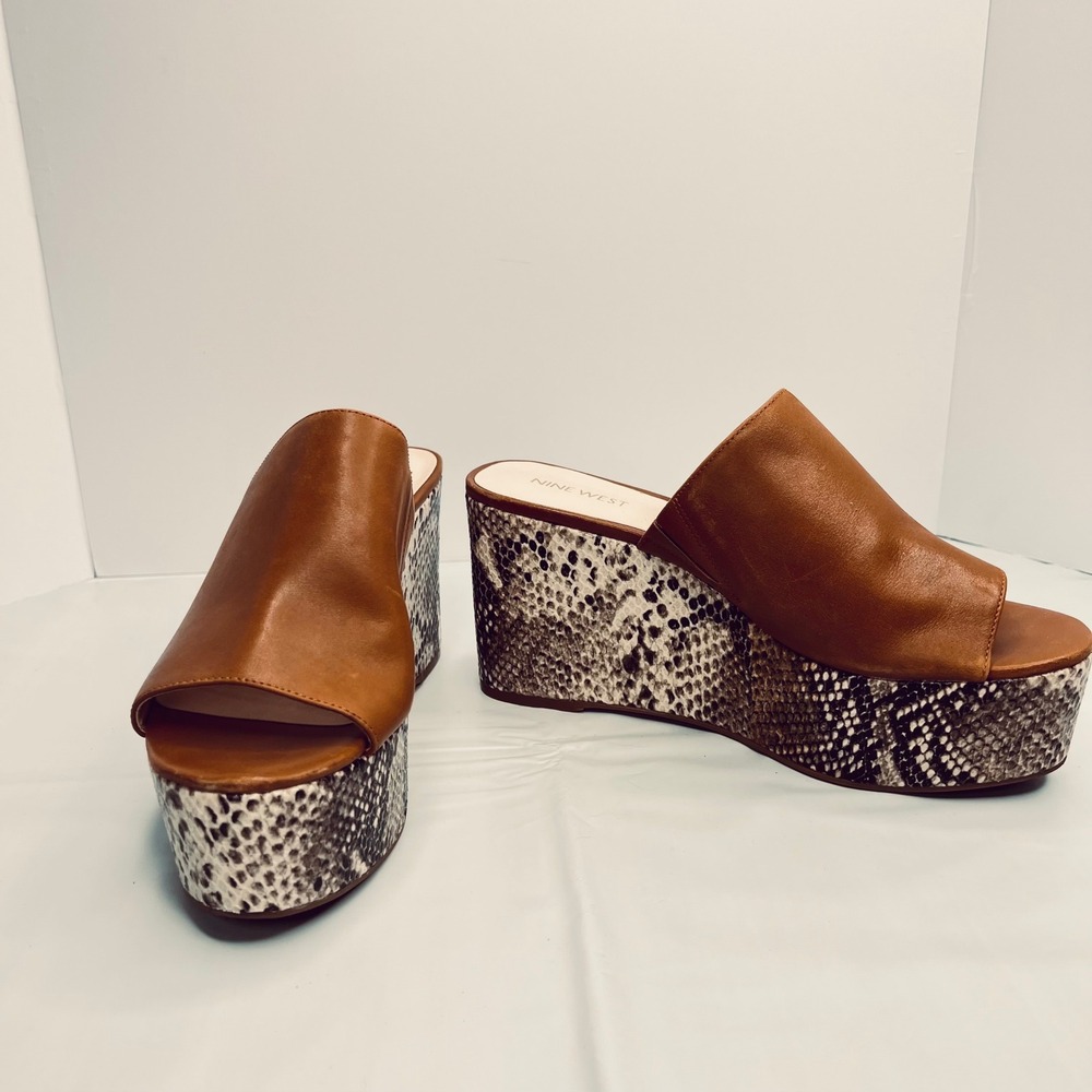 Nine West Platform Slides Snakeskin Heel Leather Sz 8 Boho Wedge Animal‎ Print - Picture 2 of 10